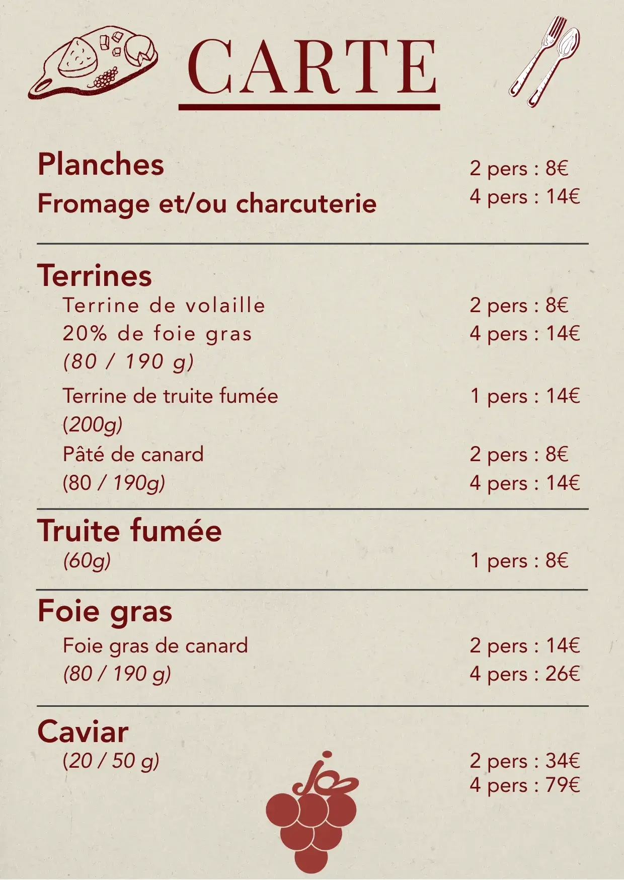 Carte des planches et accompagnements a Joli Bruit Gex